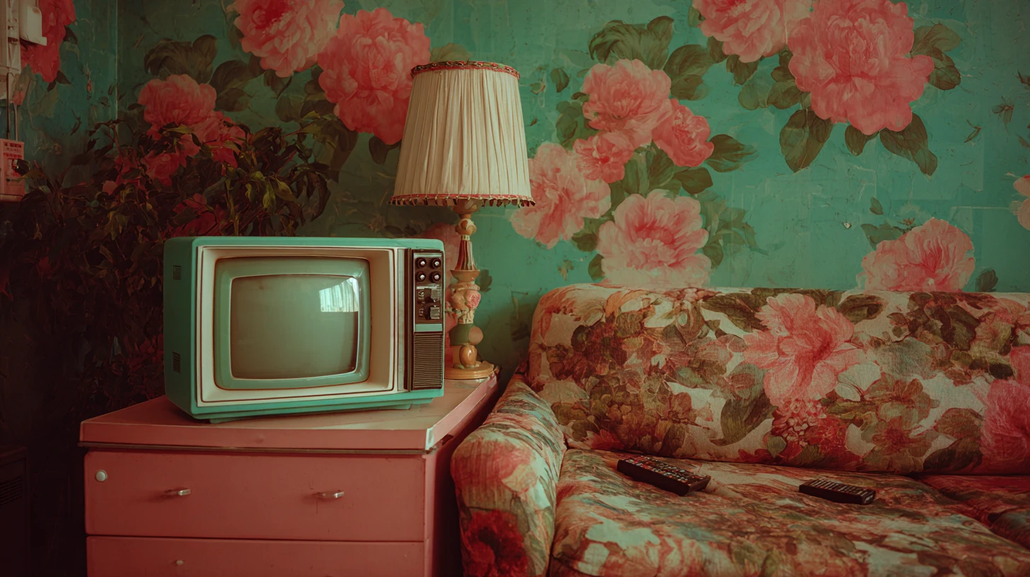 Televisor retro turquesa en sala de estar floral surrealista