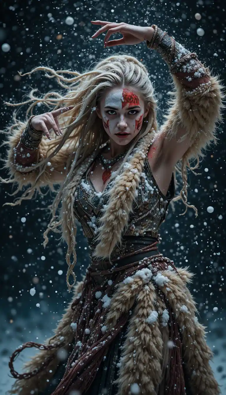 Warrior woman dancing in falling snow with tribal war paint