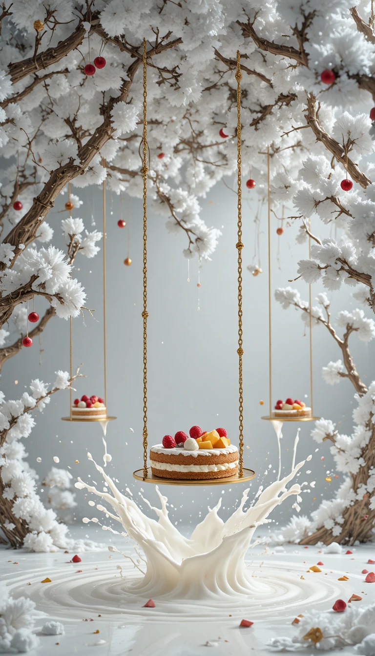Surreal swings with cake slices above a milk pool
