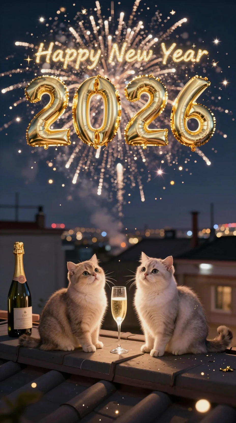 2026년 새해를 옥상에서 함께 축하하는 두 마리 귀여운 고양이