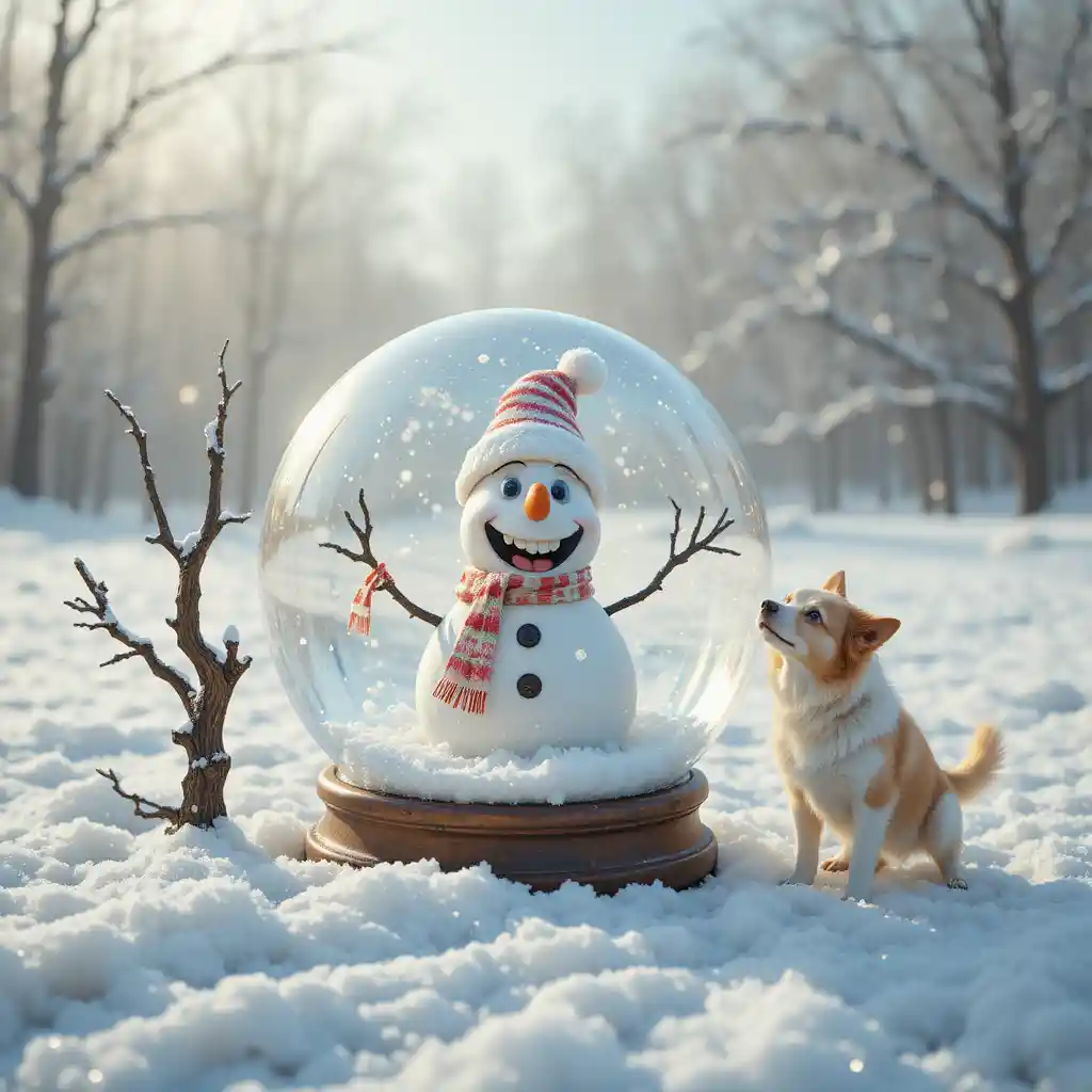 Schneekugel-Schneemann auf frostigem Boden mit neugierigem Hund