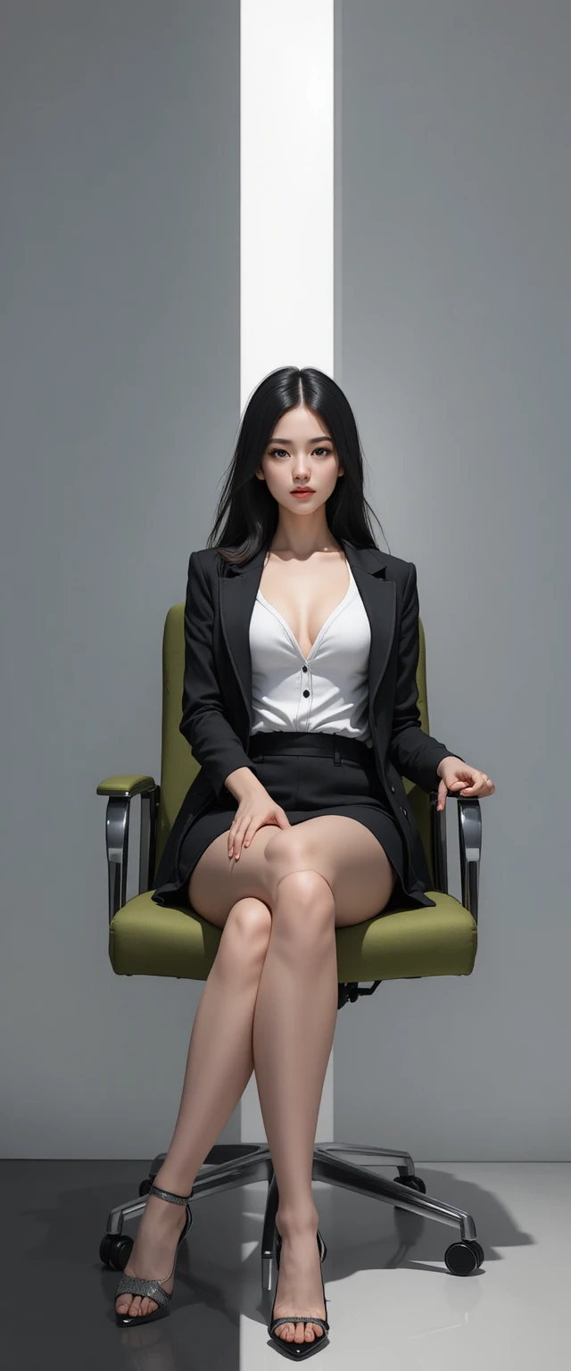 坐在現代綠色辦公椅上的優雅動漫女子