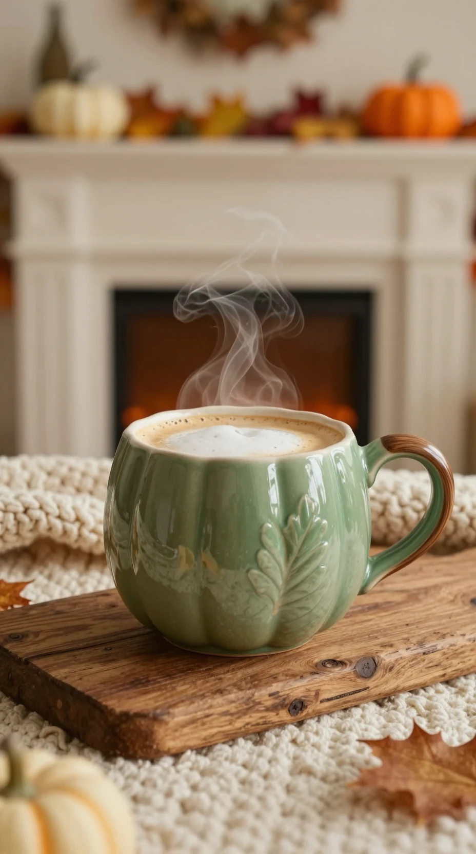 Cozy pumpkin mug of coffee on knit blanket by fireplace