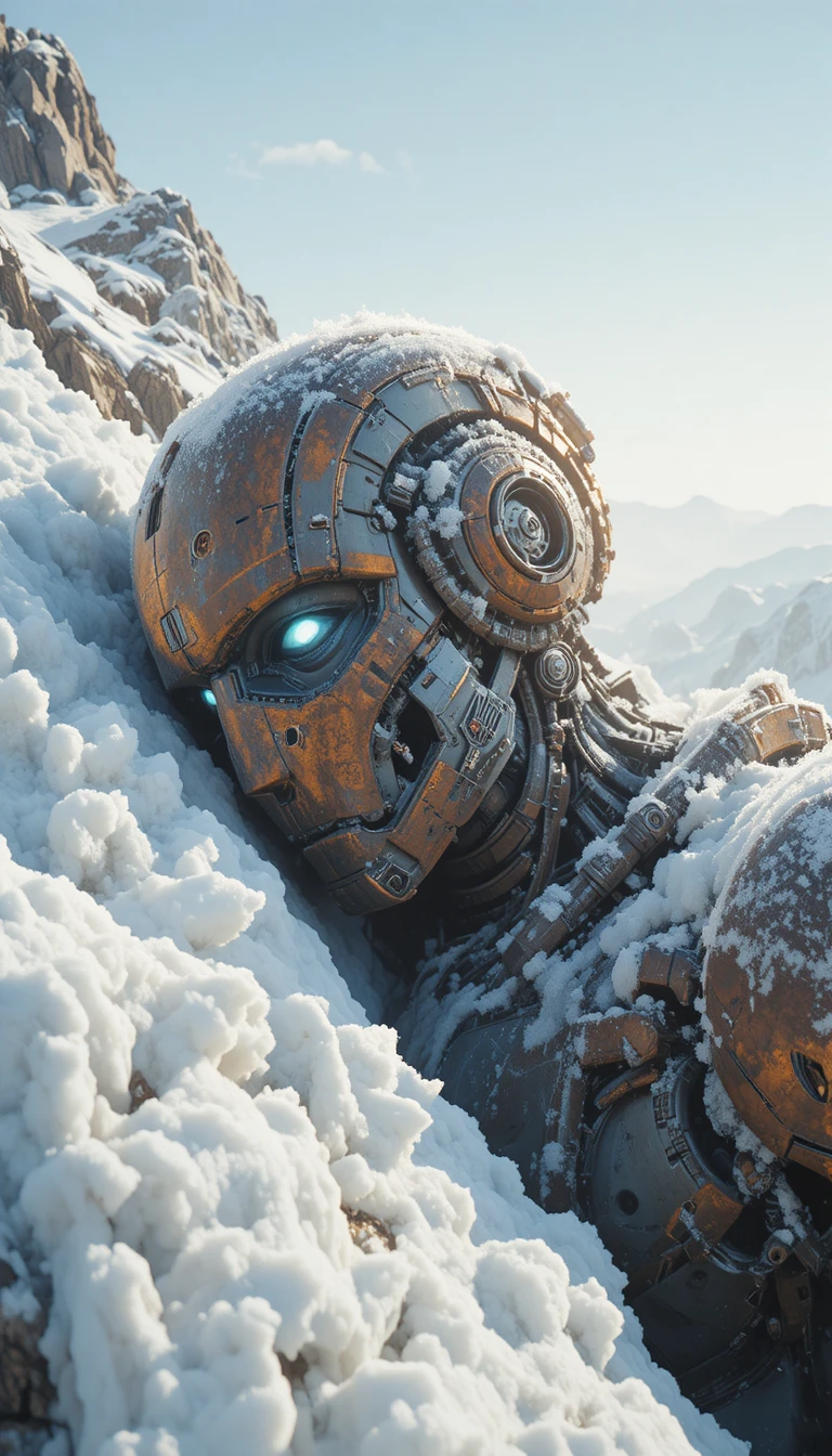 Ancienne machine de guerre cybernétique enfouie dans la neige glacée des montagnes