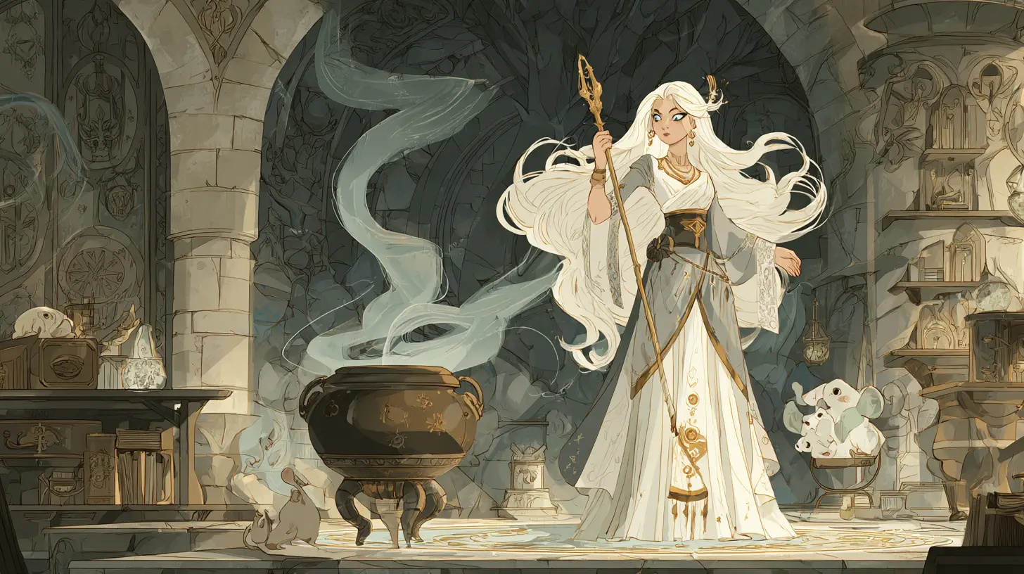Good sorceress casting a spell in a steampunk chamber