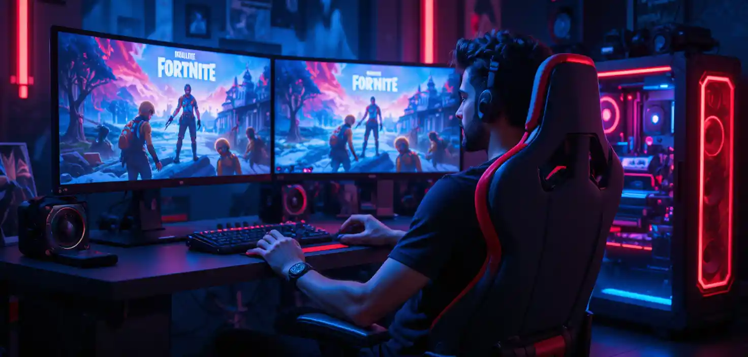 Gamer seduto in un setup RGB con tre monitor