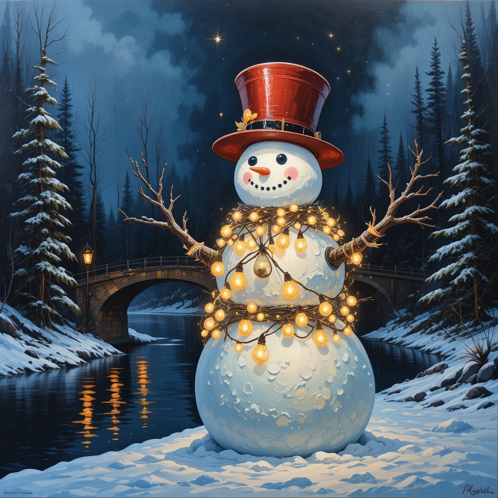 Bunter Schneemann am verschneiten Flussufer mit leuchtenden Lichtern