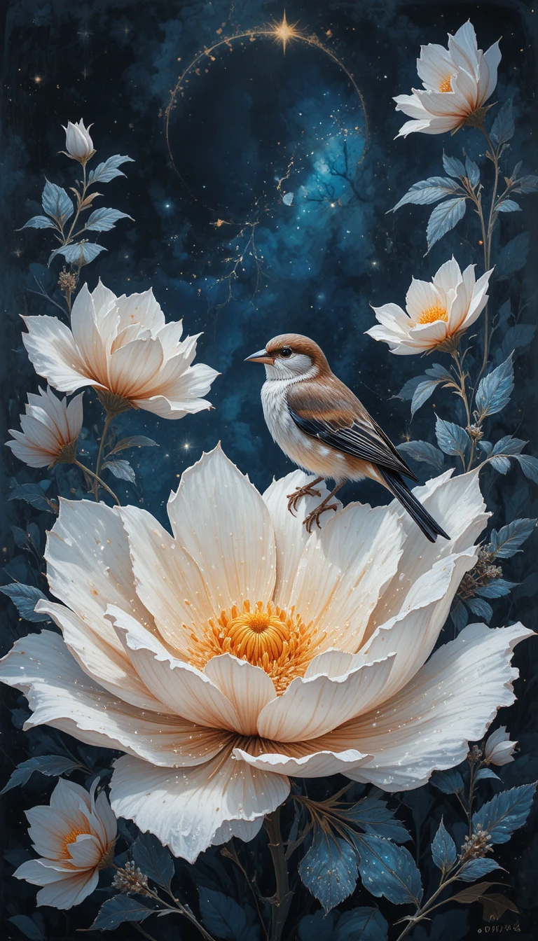 Sparrow Among Night Flowers On Minimal Abstract Background