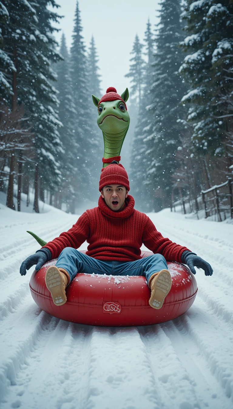 Hombre, caballo y serpiente a toda velocidad en un flotador de nieve rojo