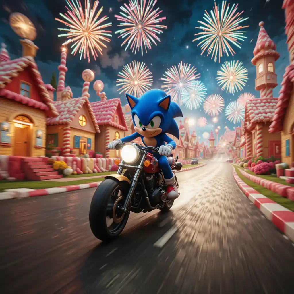 Perseguição de moto por um colorido mundo de doces