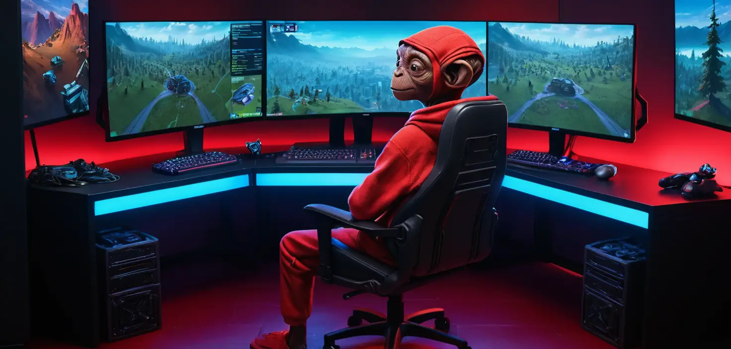 Alien gamer in neon lit room with triple monitor setup