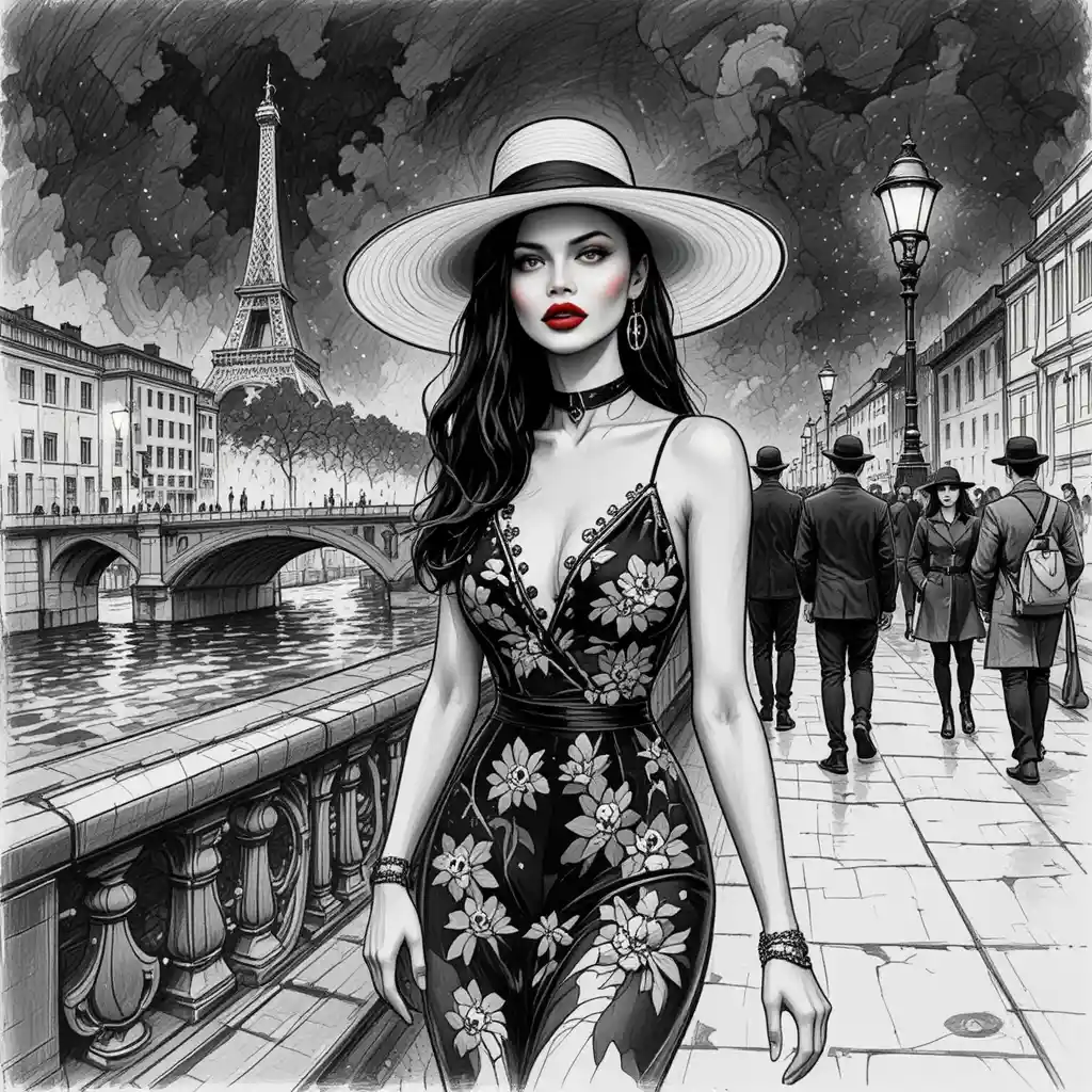 Woman in black floral dress on Paris city bridge