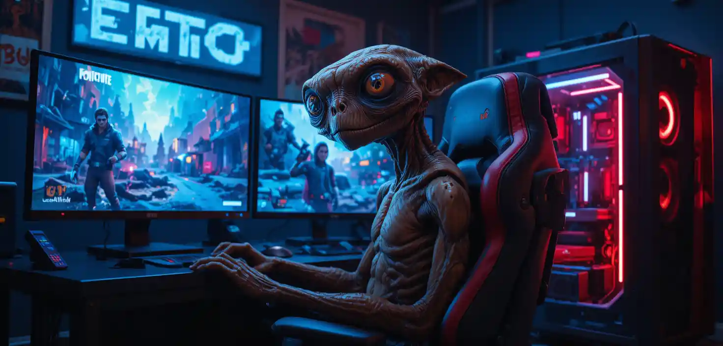 Alien gamer in neon lit gaming room with triple monitors