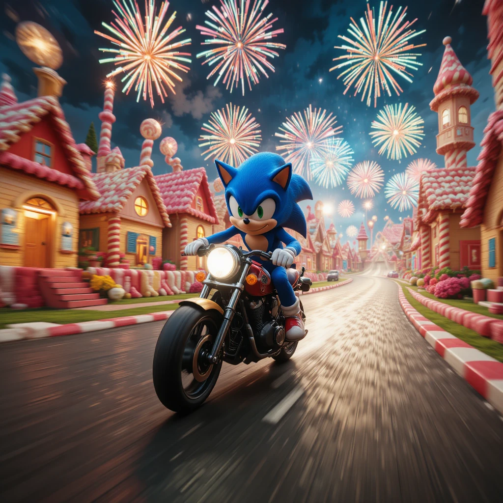 Motorbike chase through a colorful candy world
