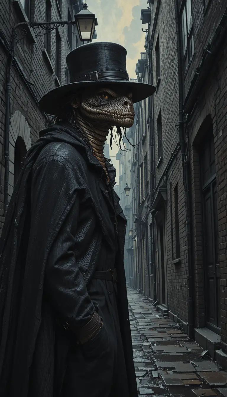 Noir snake creature in hat and coat in dark alley