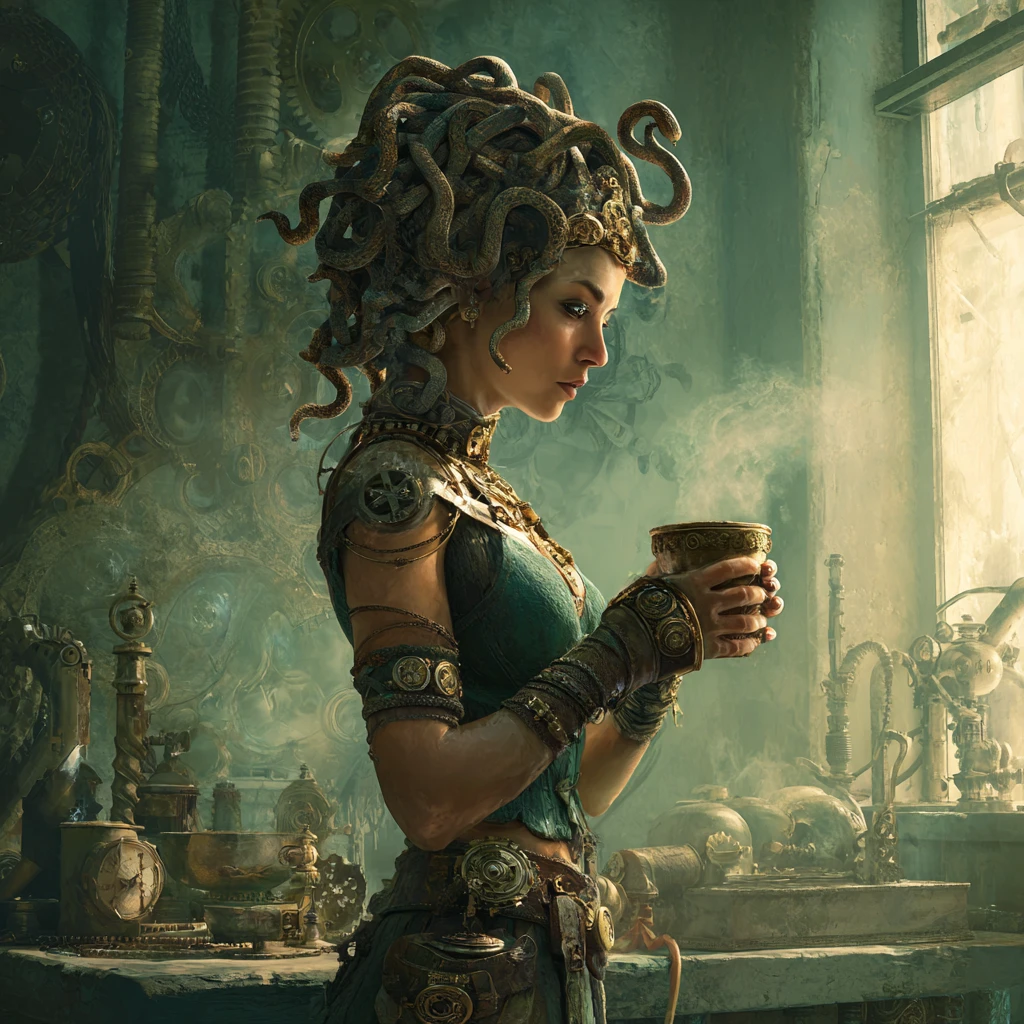 Steampunk-Medusa mit Schlangenhaaren in einer dunklen Werkstatt