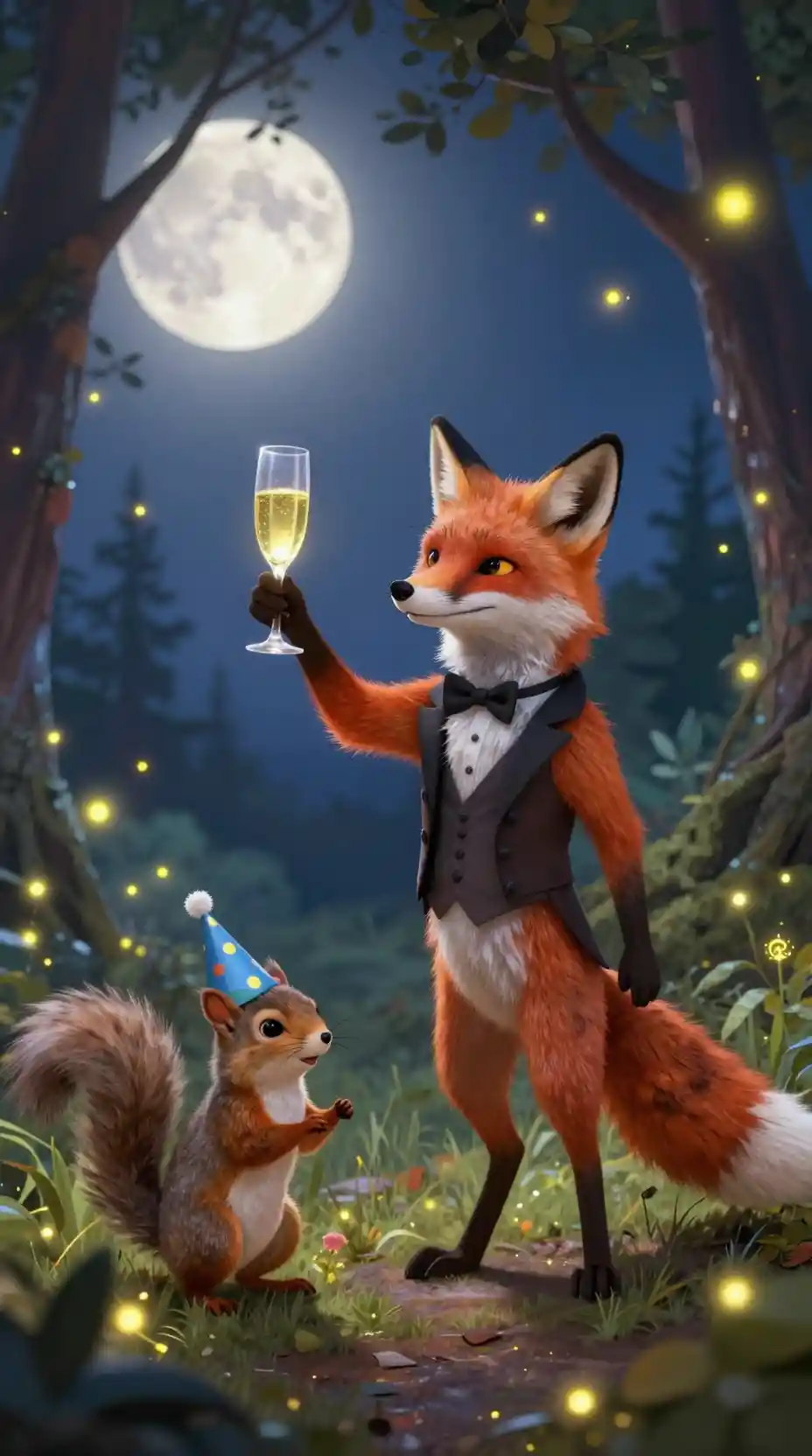 Fox And Squirrel Toast In Enchanted Moonlit Forest