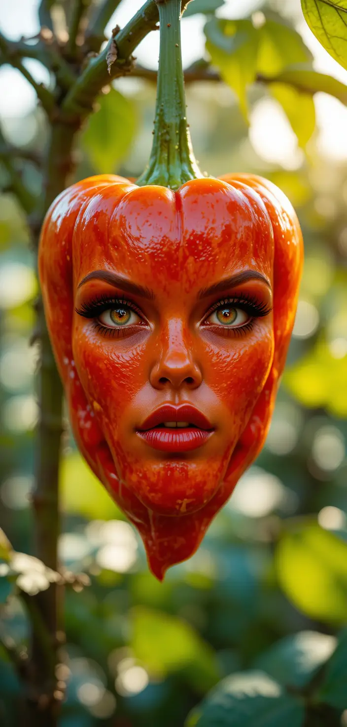 Fierce feminine face fused with fiery hanging pepper