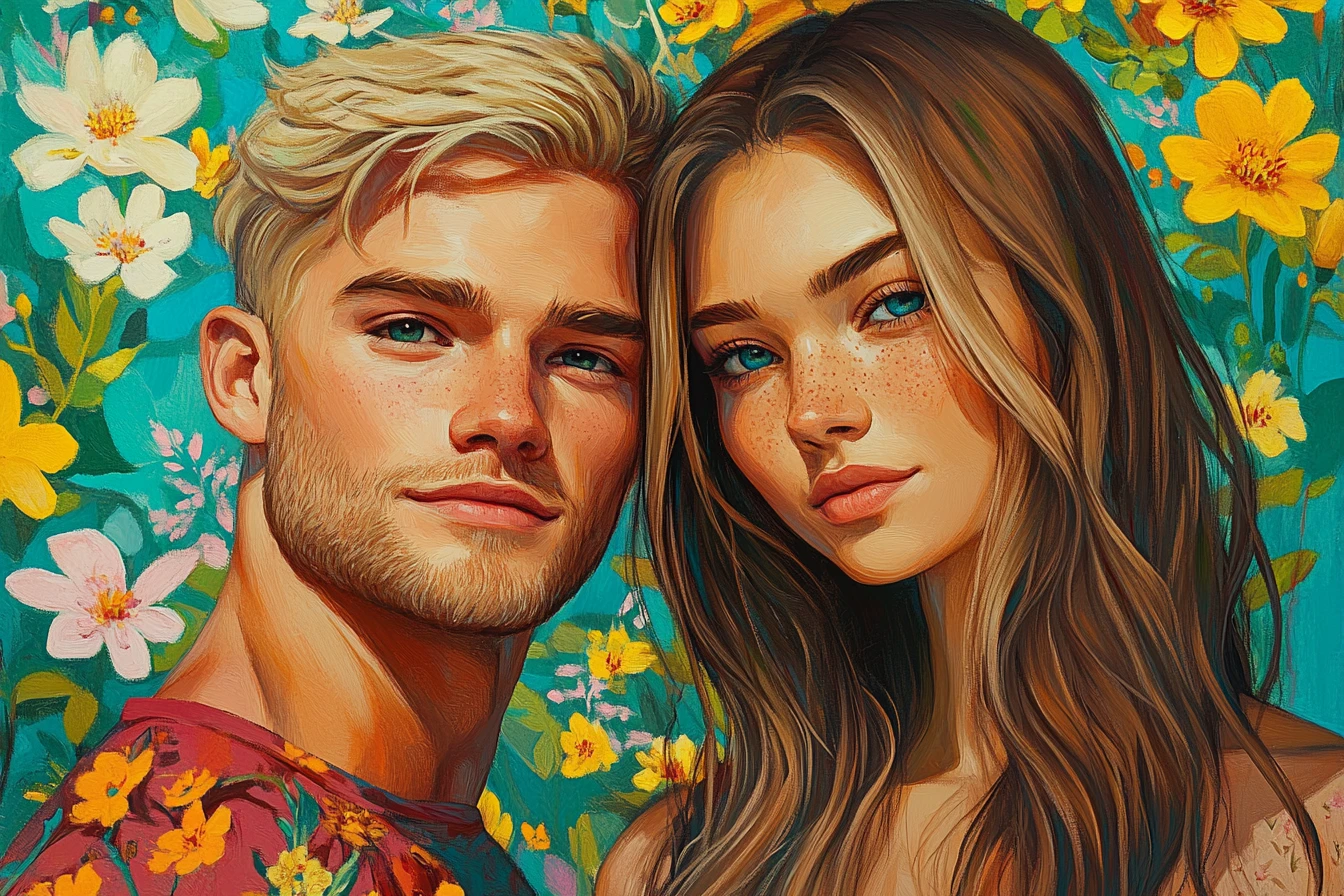 Smiling young couple relaxing together in a flower garden