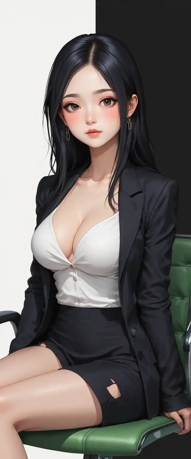 Elegant anime woman seated on a modern green office chair