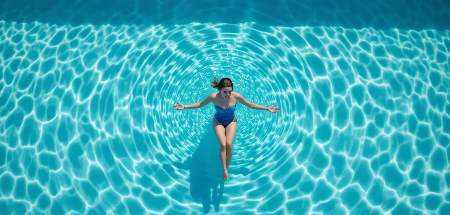 Woman swimming in turquoise pool seen from above