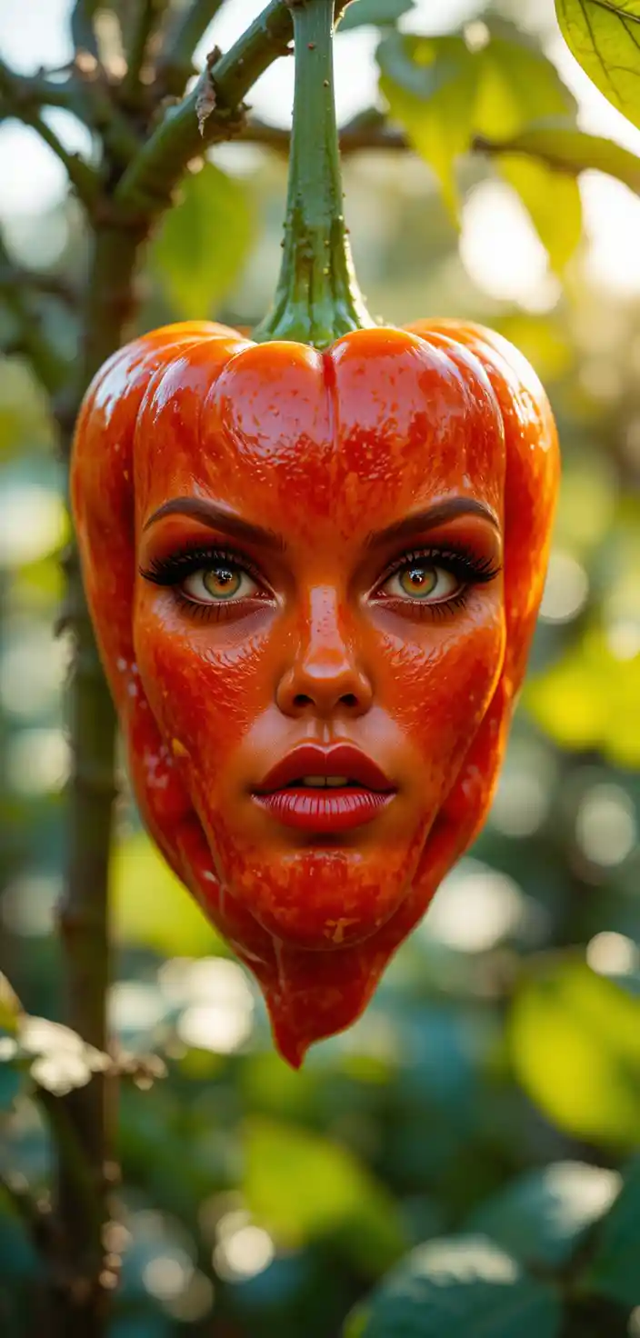 Fierce feminine face fused with fiery hanging pepper
