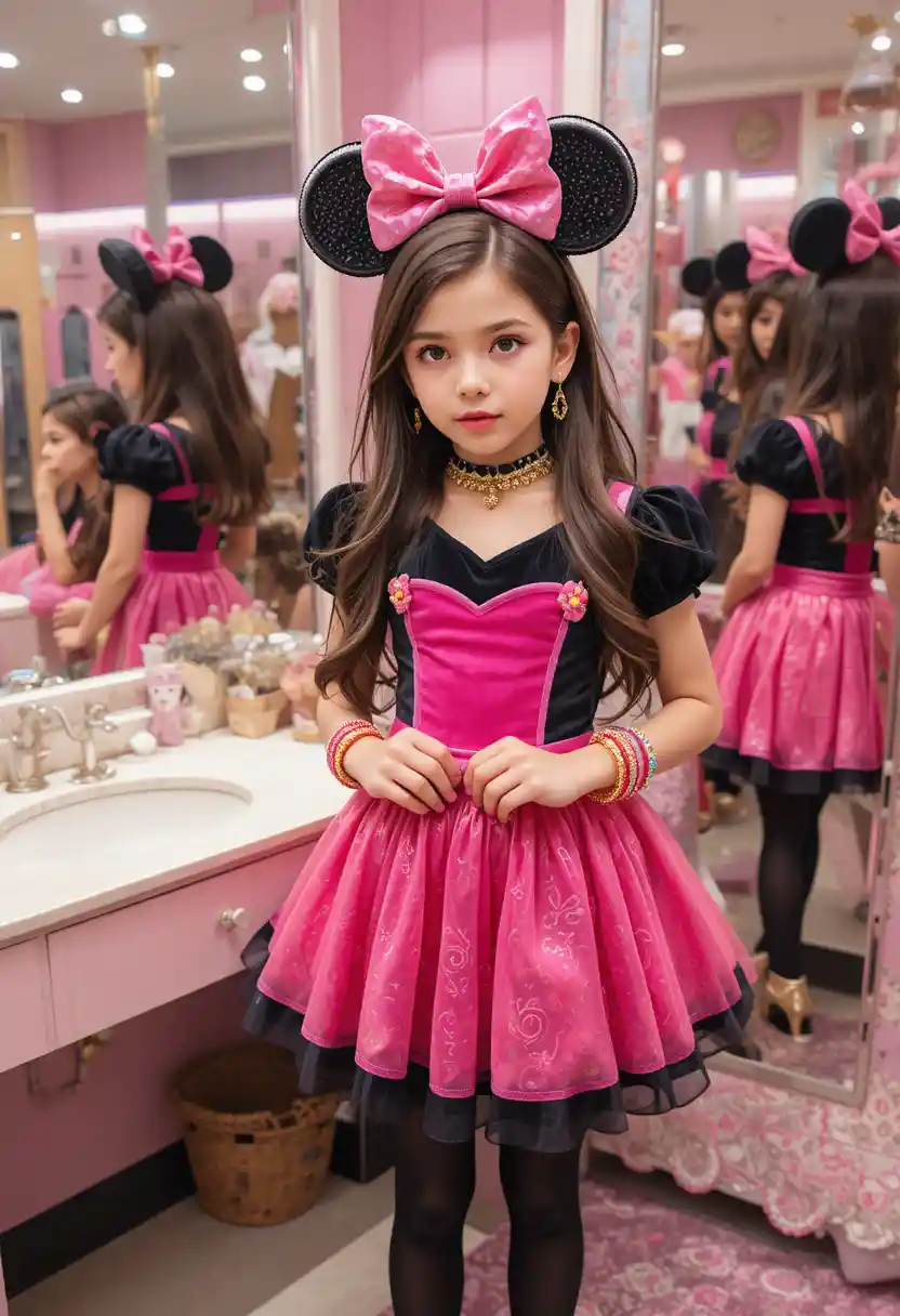 Tween boy in pink dress at boutique vanity mirror