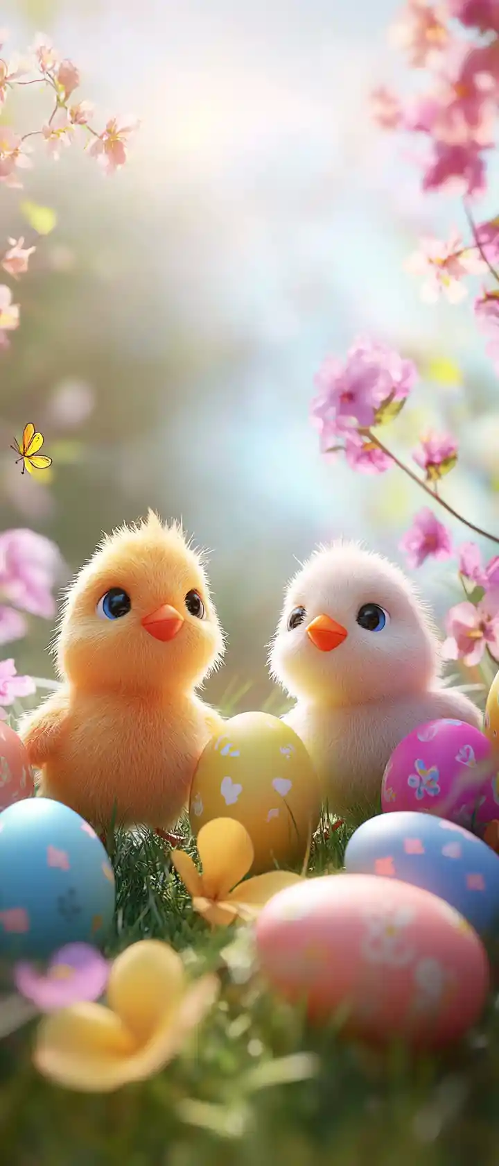 Pulcini di Pasqua 3D colorati con uova pastello all’aperto