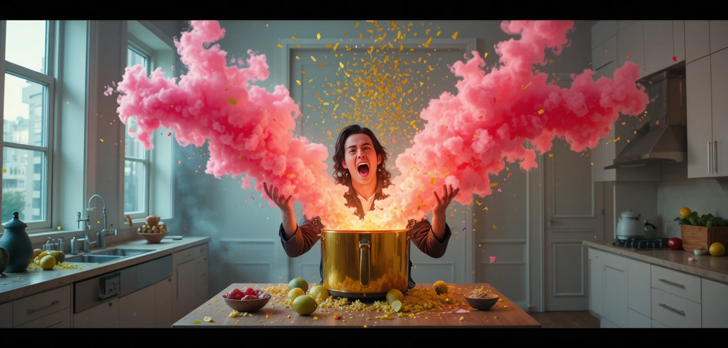Influencer gerät in Panik, als Fritteuse in surreale pinke Flammen ausbricht