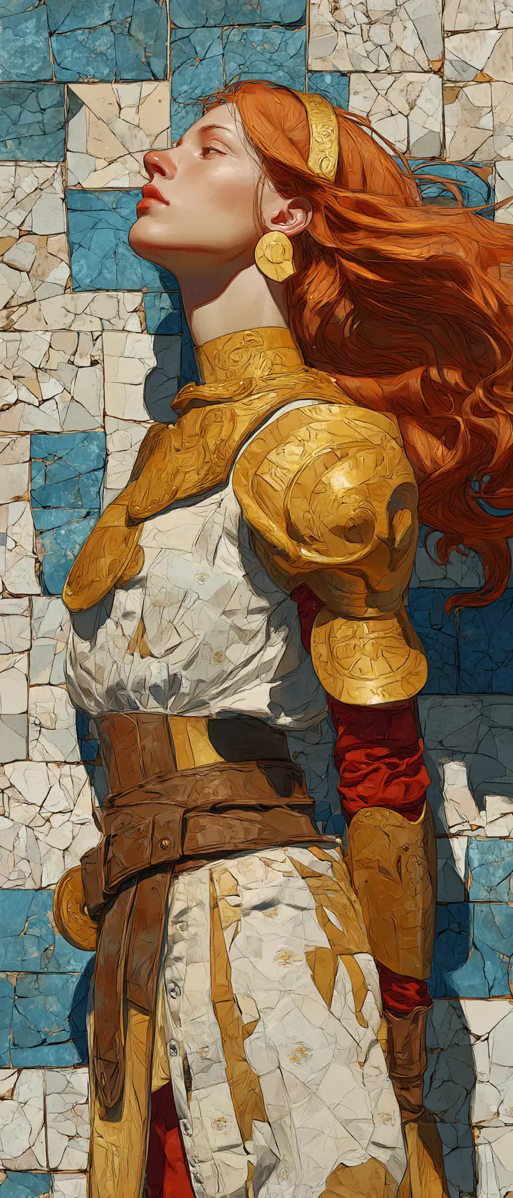 Red haired warrior woman in golden armor collage
