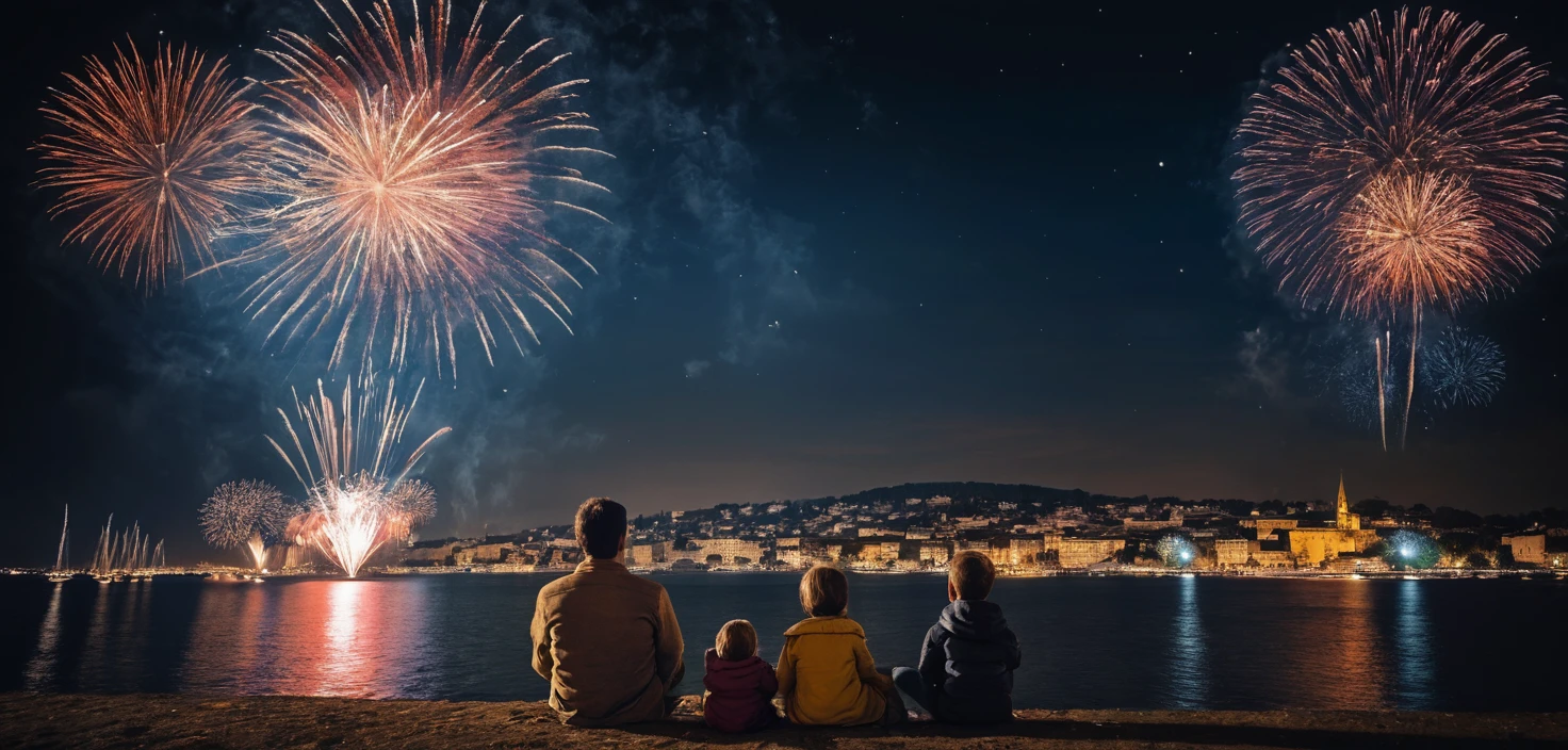 Famiglia che regge un cartello sotto i fuochi d'artificio luminosi di notte
