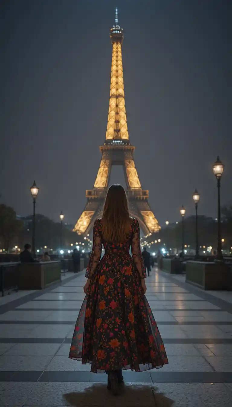 Night fashion runway with women near the Eiffel Tower