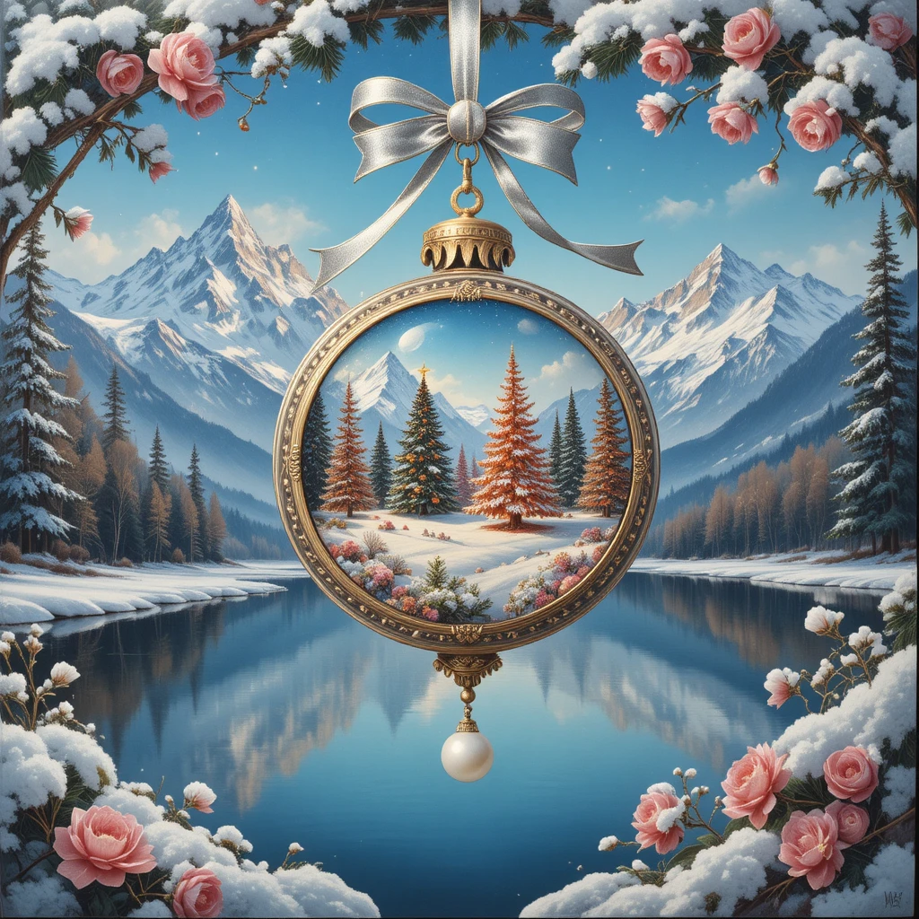 祝祭のクリスマスオーナメントが彩る雪山の風景
