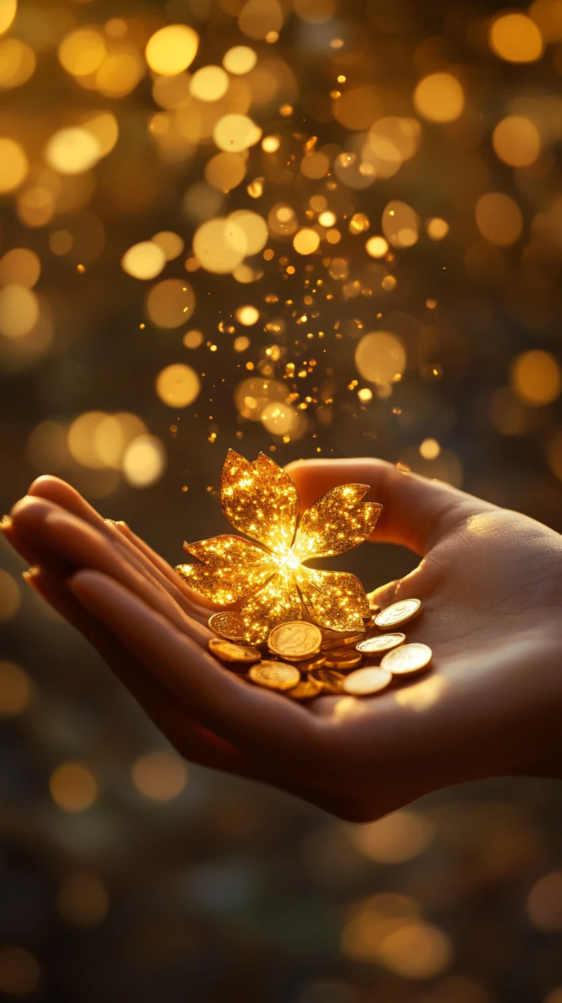 Radiant fantasy woman with clover and cascading gold