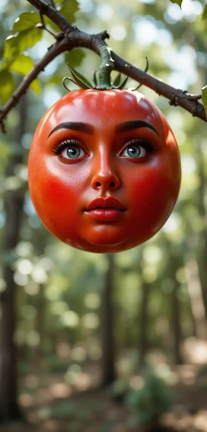 Red tomato with feminine face hanging from tree branch