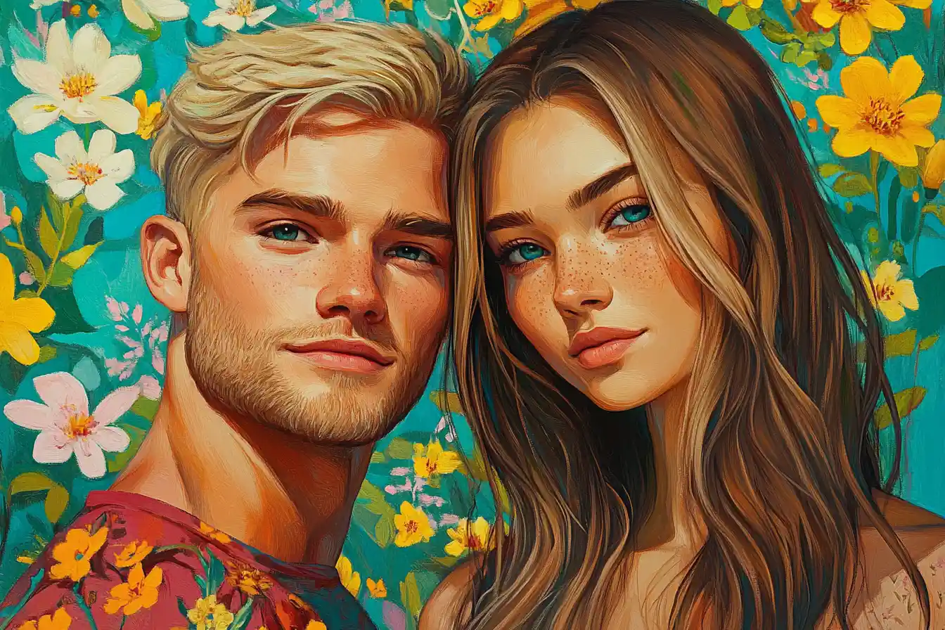Smiling young couple relaxing together in a flower garden