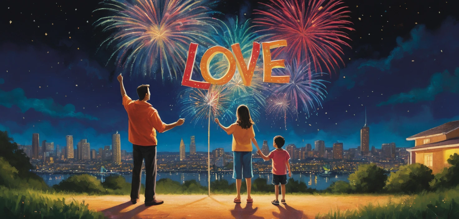 Familie schaut Feuerwerk mit einem „Mehr Liebe 2026“-Schild