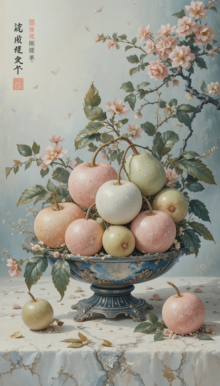 Natura morta fantasy in stile ukiyo-e con frutti delicati