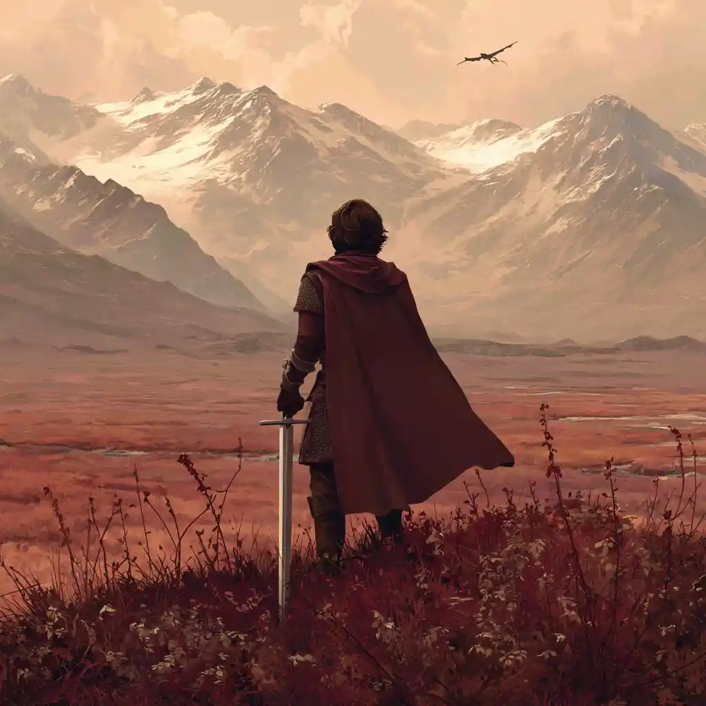 Young warrior overlooking distant mountains and dragon