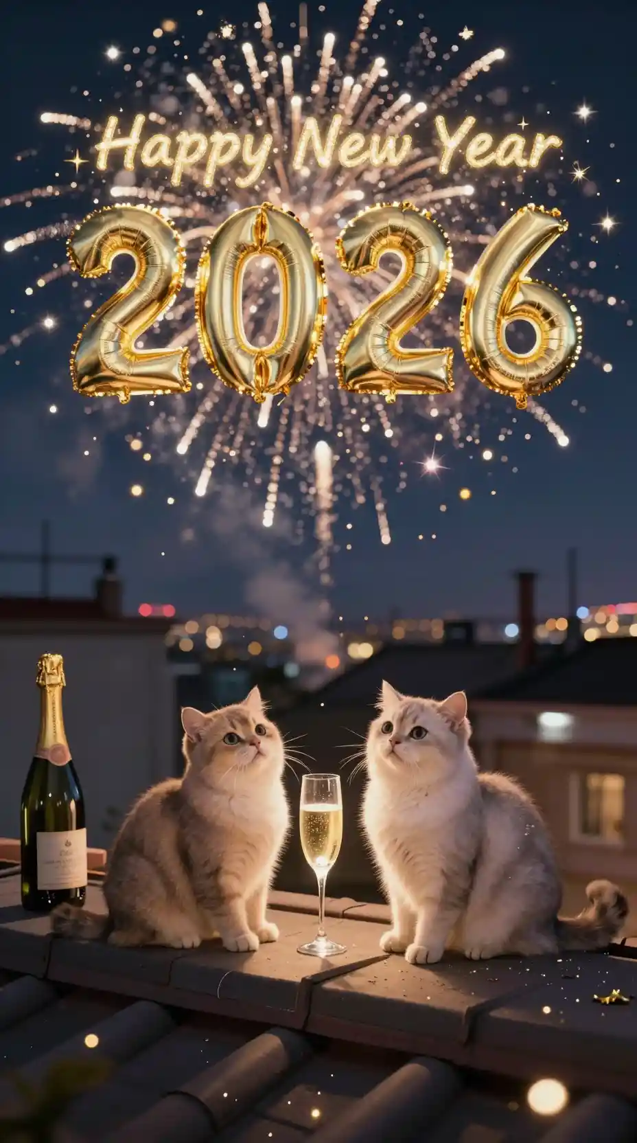 Zwei süße Katzen feiern Silvester 2026 auf einem Dach