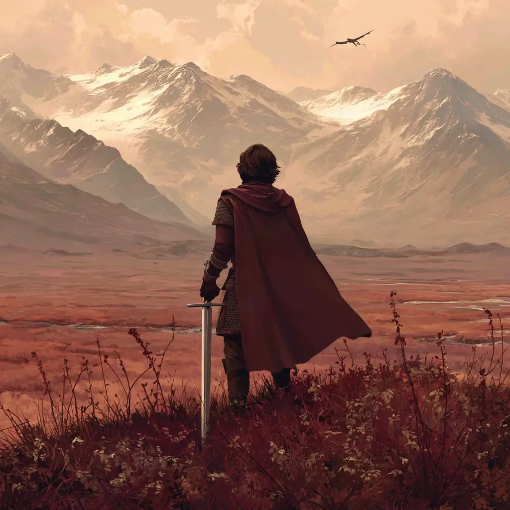 Young warrior overlooking distant mountains and dragon
