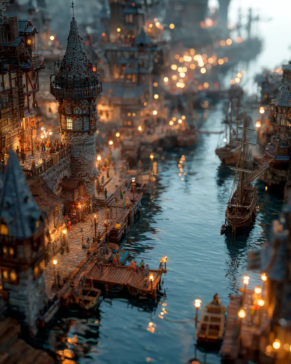 Miniature fantasy coastal city harbor at serene sunset