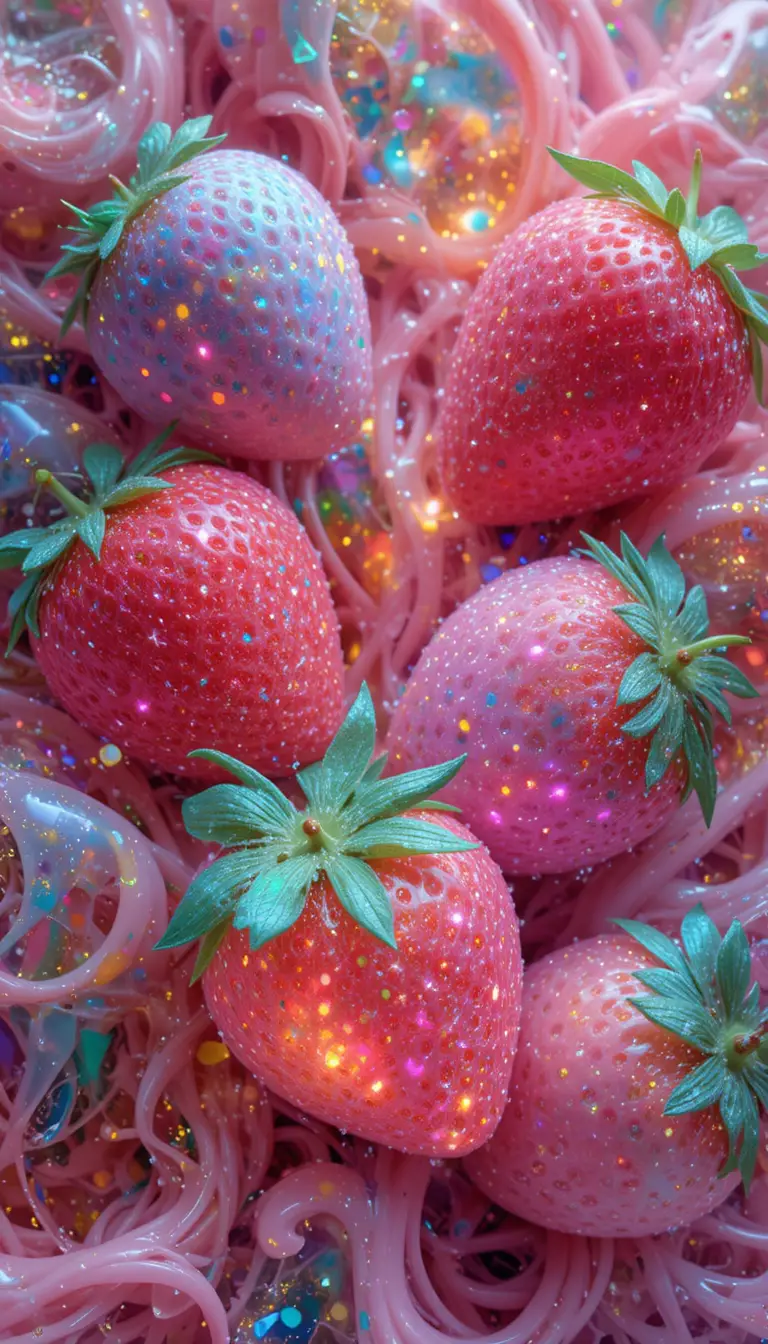 Formes de Fraises Lumineuses dans une Scène Fantastique en Microfibre Néon