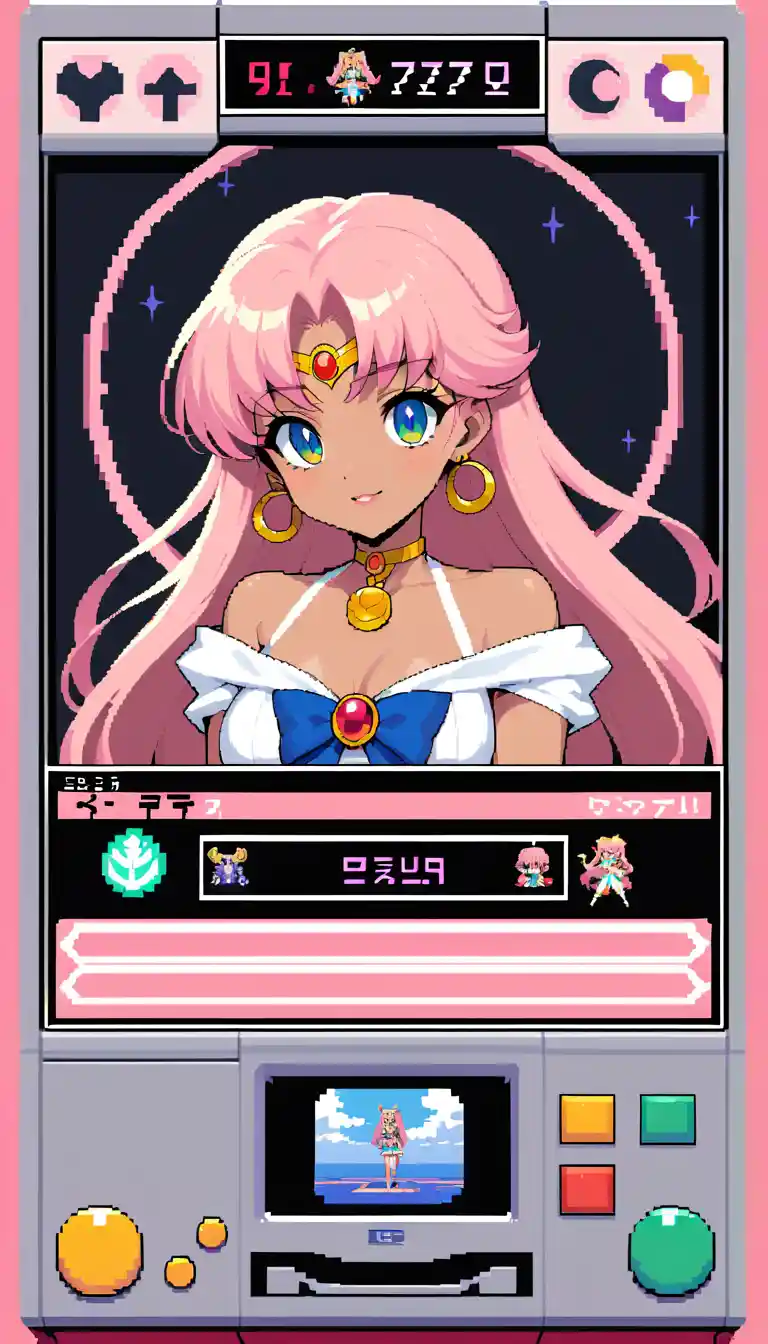 Anime Priestess Girl In Retro Pixel Art Game Screen