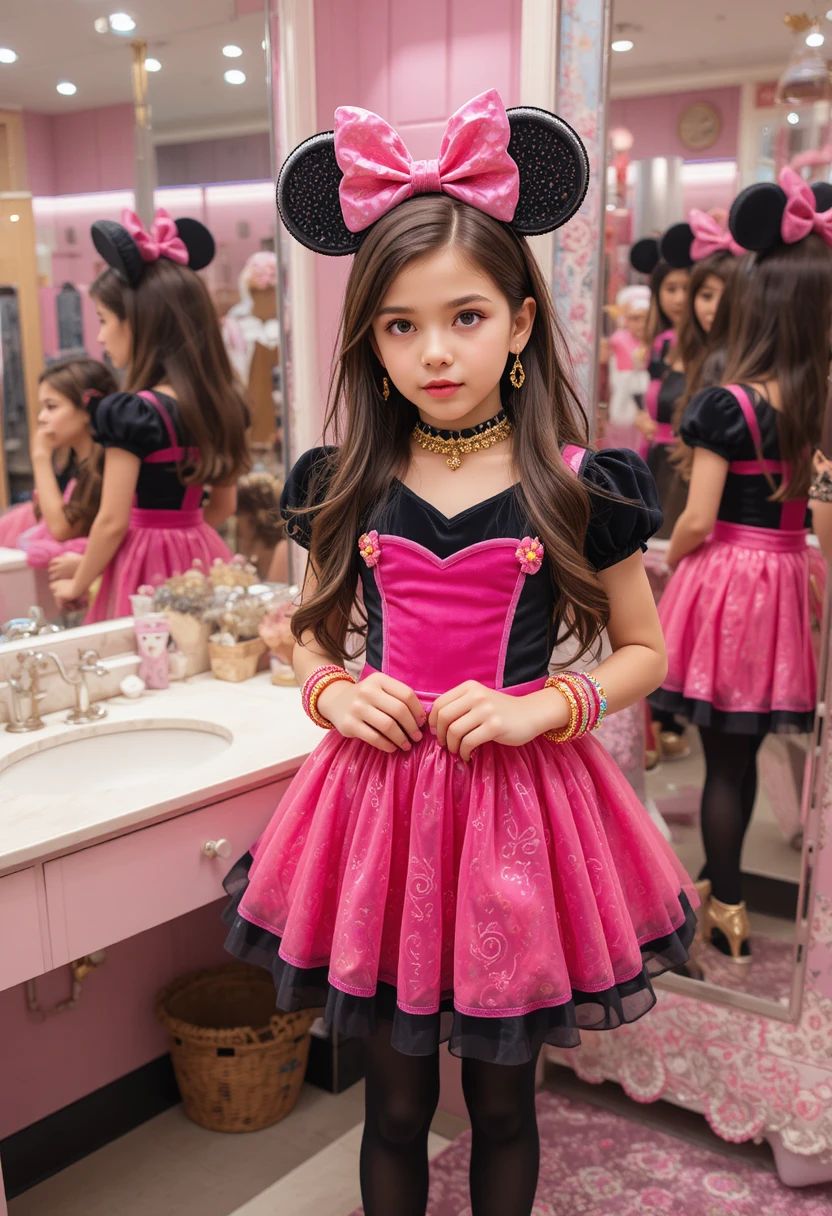 Tween boy in pink dress at boutique vanity mirror