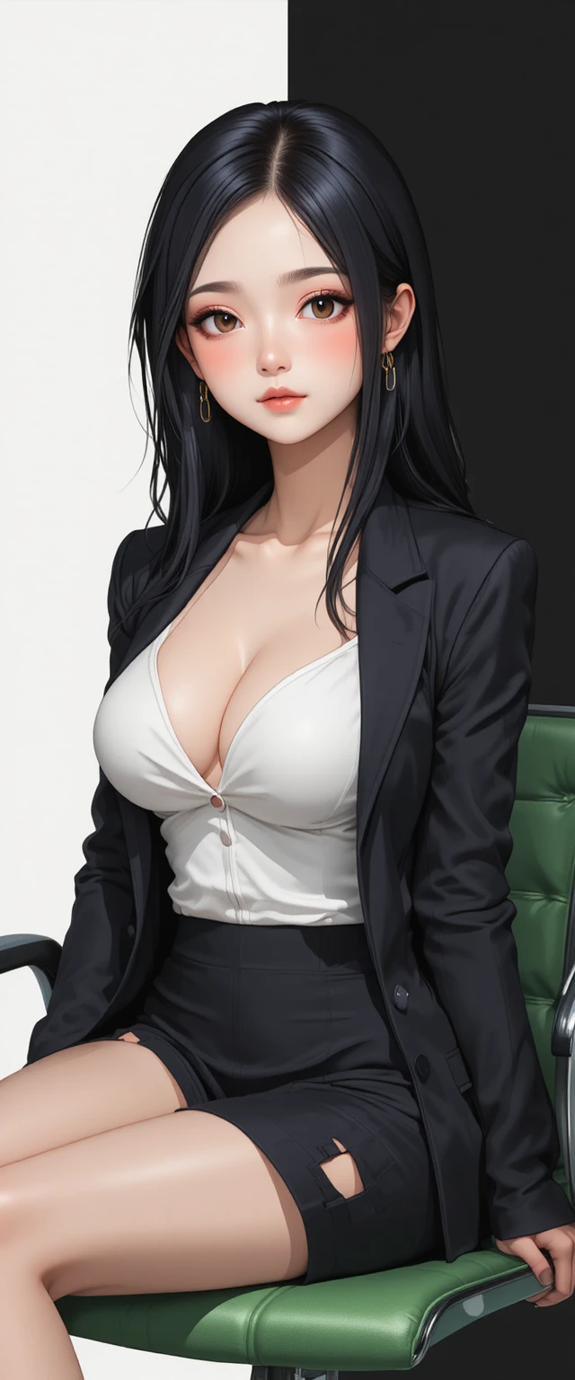 Elegant anime woman seated on a modern green office chair