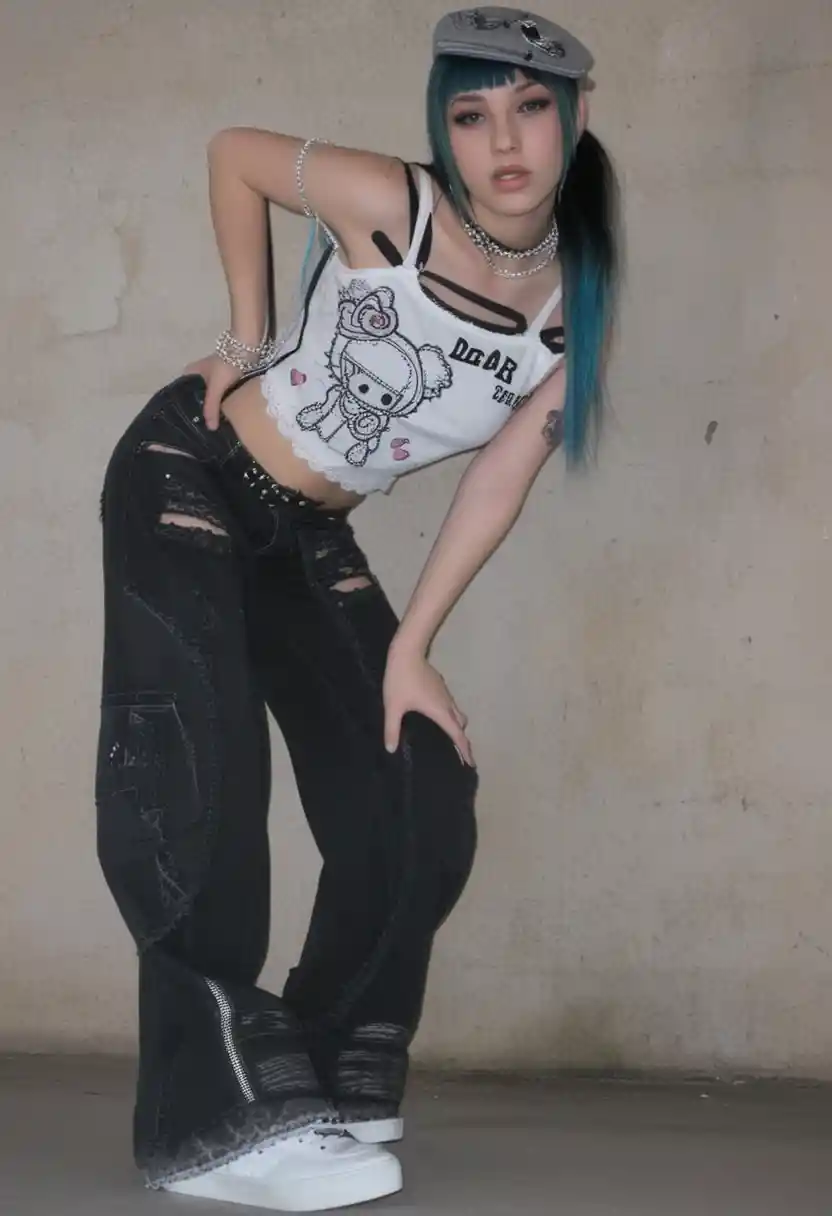 Edgy Y2K inspired woman in emo skater scene outfit