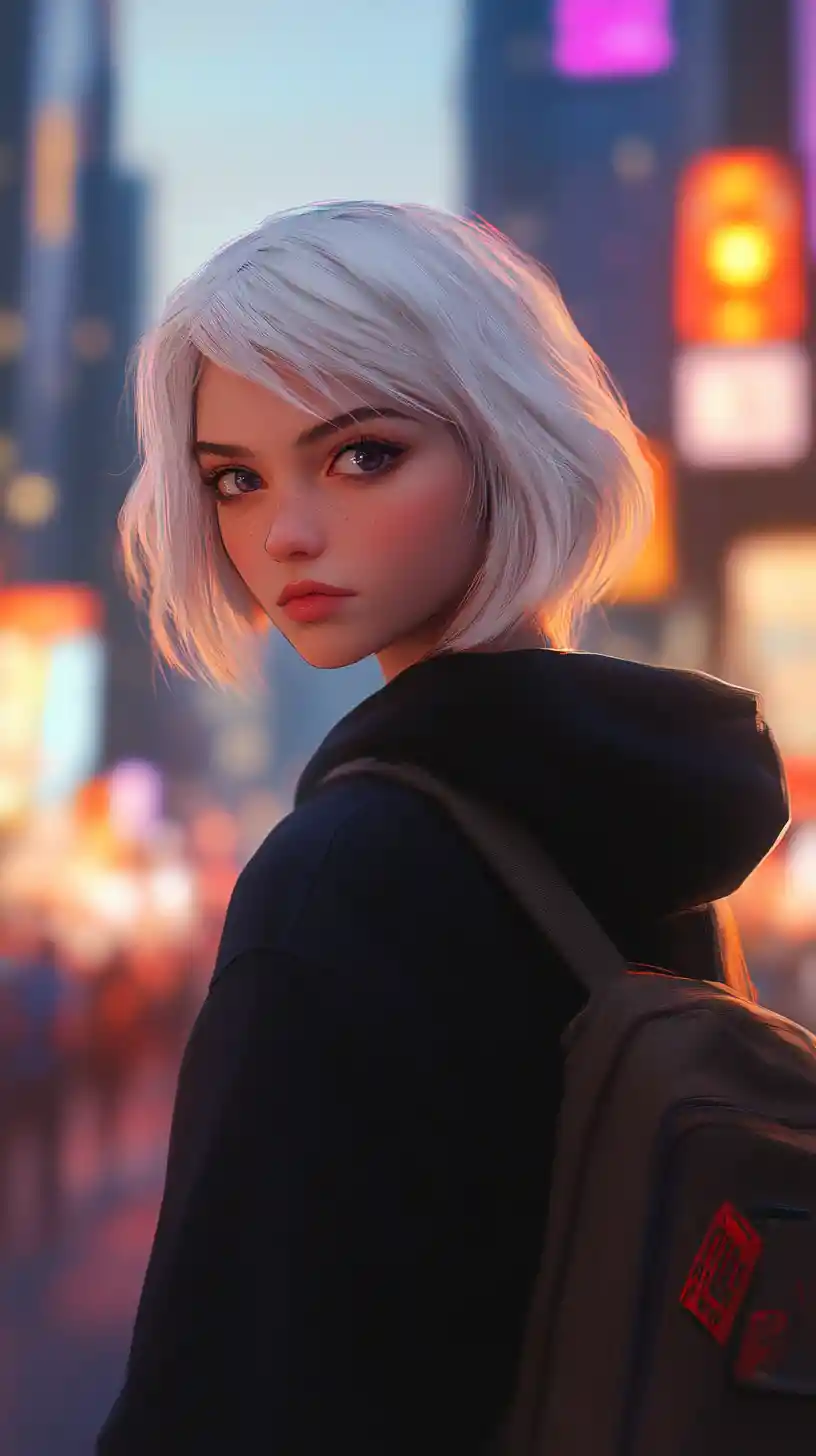 Young woman watching a futuristic city at sunset