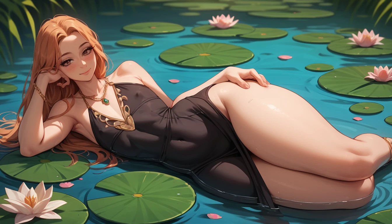 Anime-Mädchen, das auf dem Bauch in einem Seerosenteich liegt