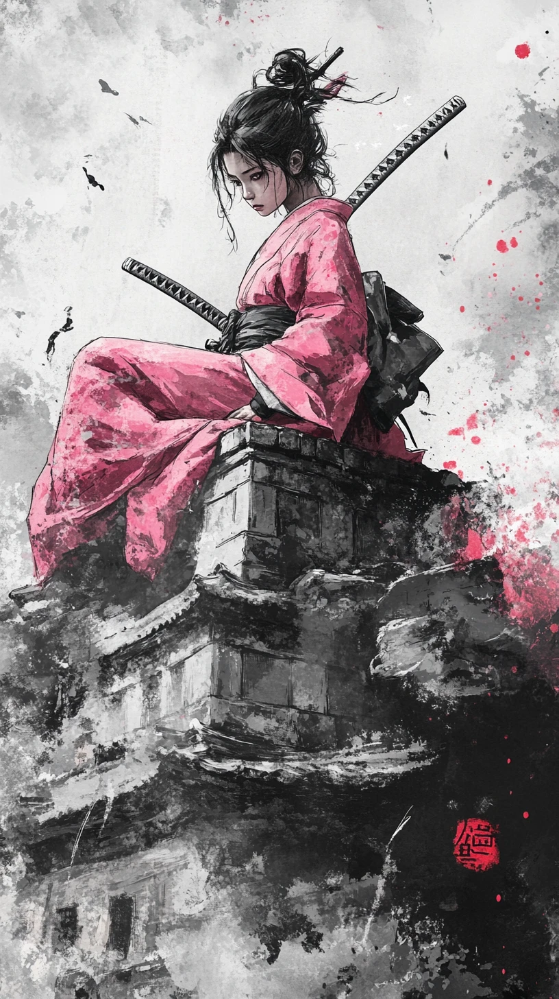 Young samurai woman on temple ruins in ink illustration